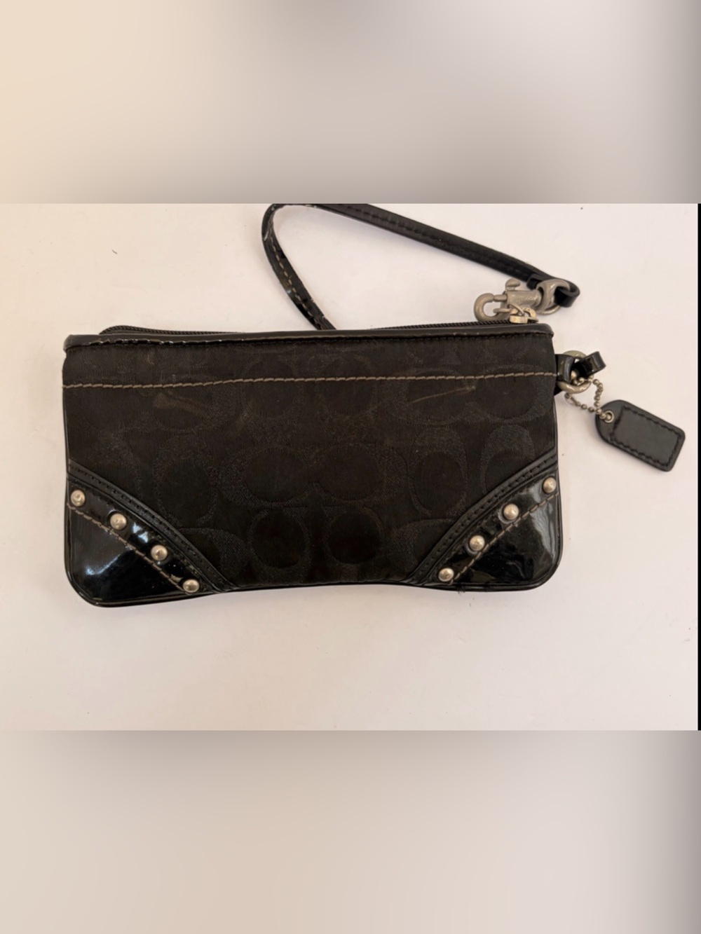 Coach Black Signature Wristlet with Studded Patent Trim